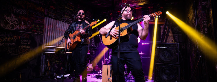 John Roberts and Josh Boekhoudt of No Fixed Point playing acoustic guitars live
